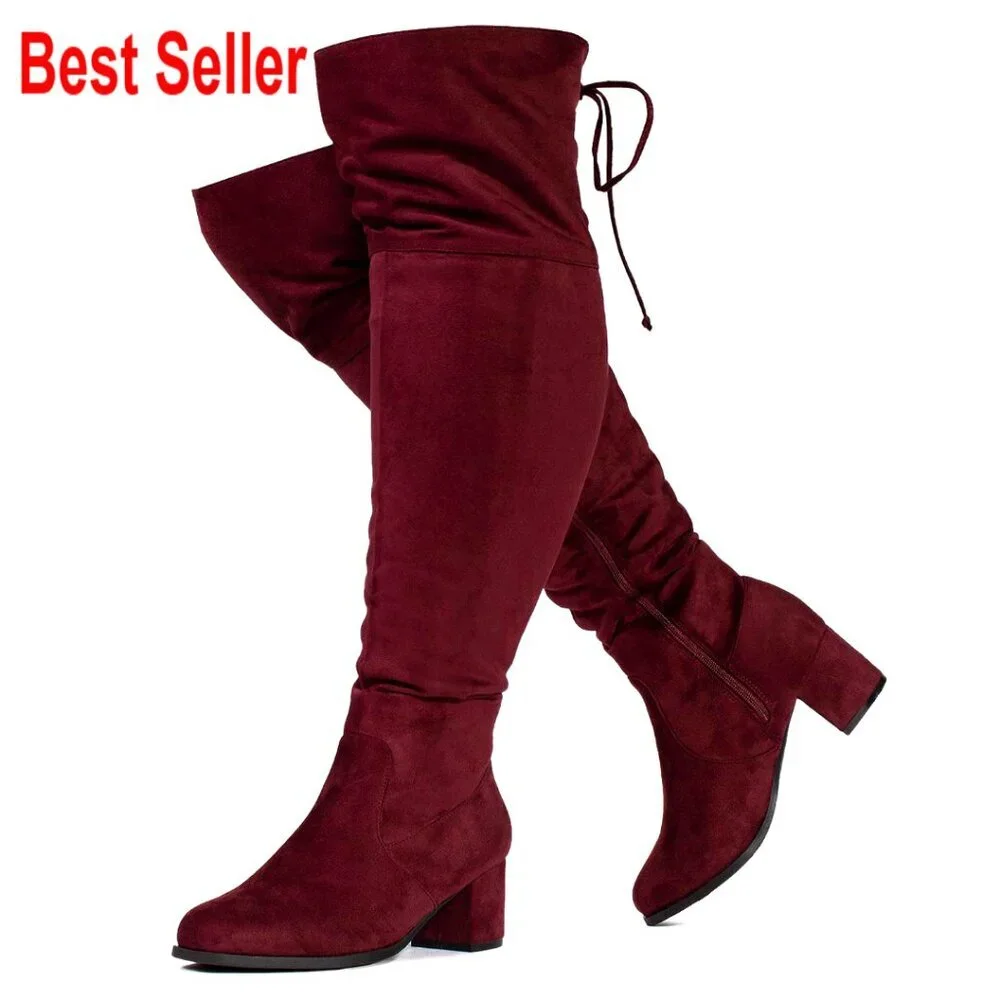 Wide Calf Over The Knee Boots with Block Heel and Memory Foam Insole